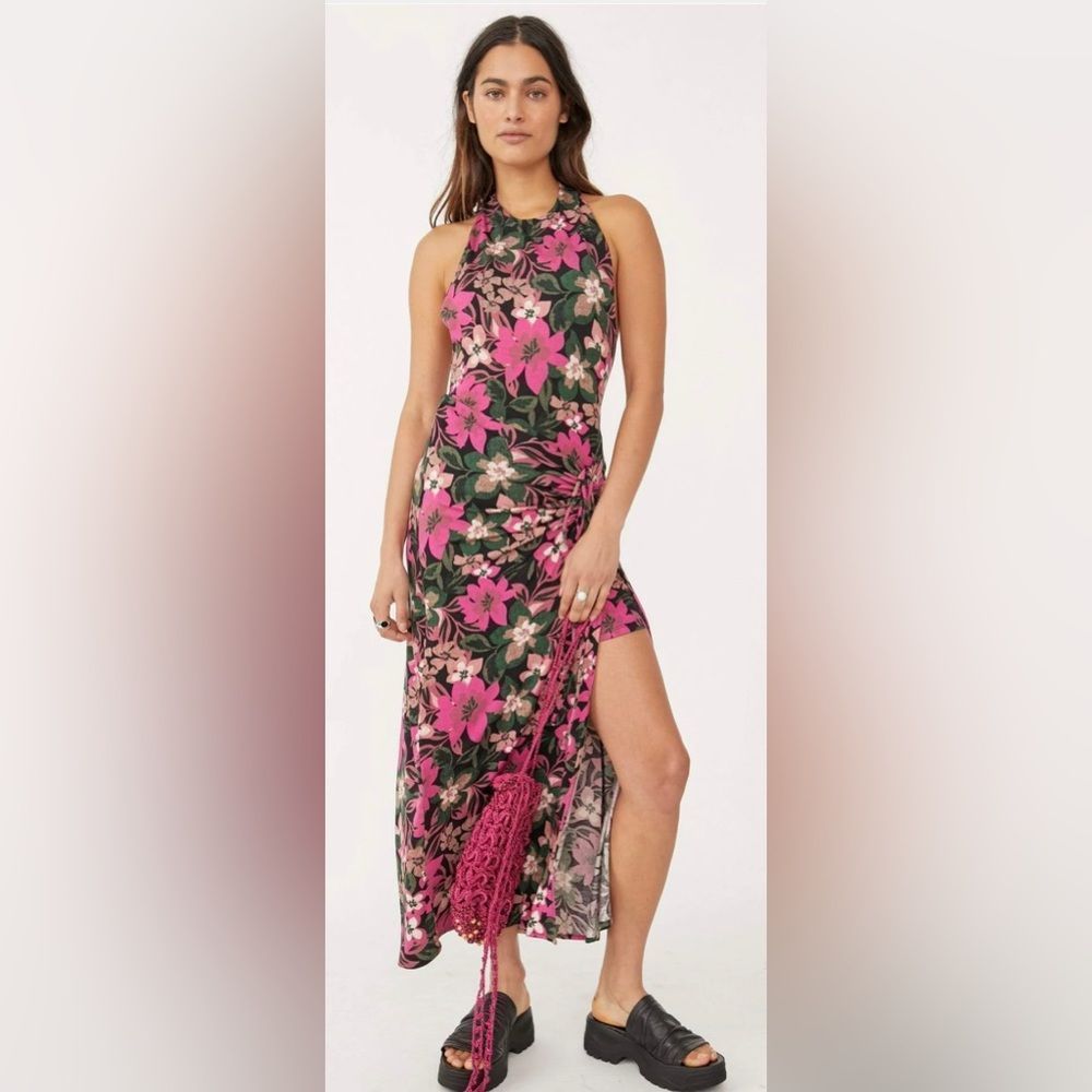 Floral Halter Maxi Dress - Pink and Black